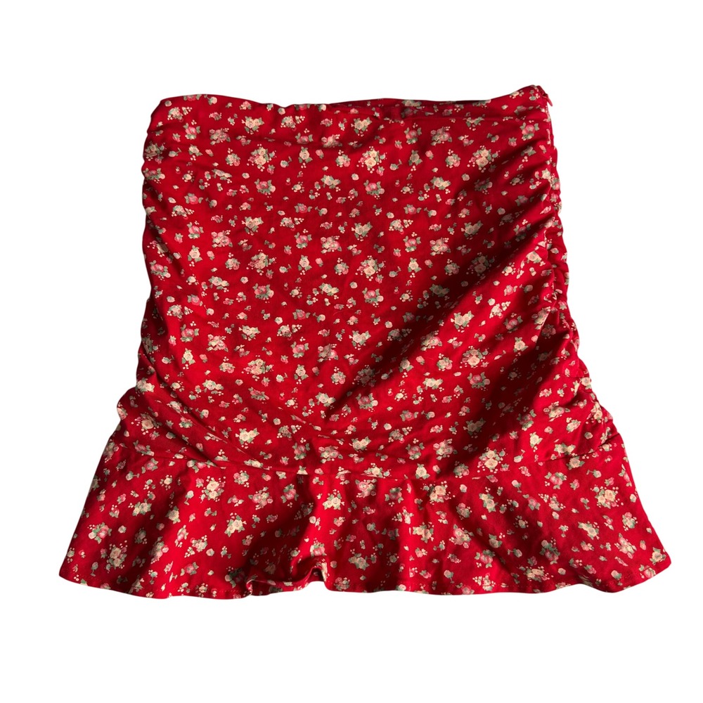 Tiger Mist Bells Red Ditsy Floral Ruched Ruffle Hem Mini Skirt Womens Small Boho